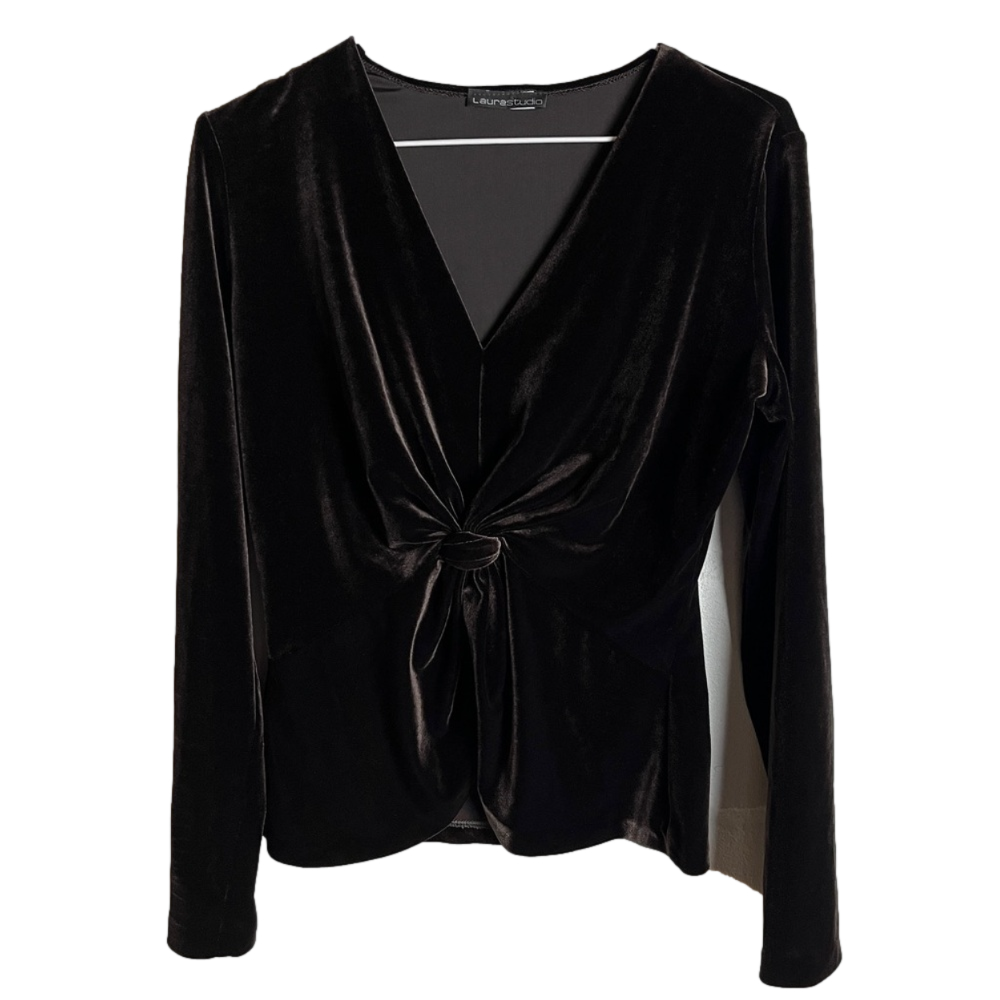 Laura Studio Blouse Chocolate Brown Velour Knot Front V Neck Long Sleeve Boho